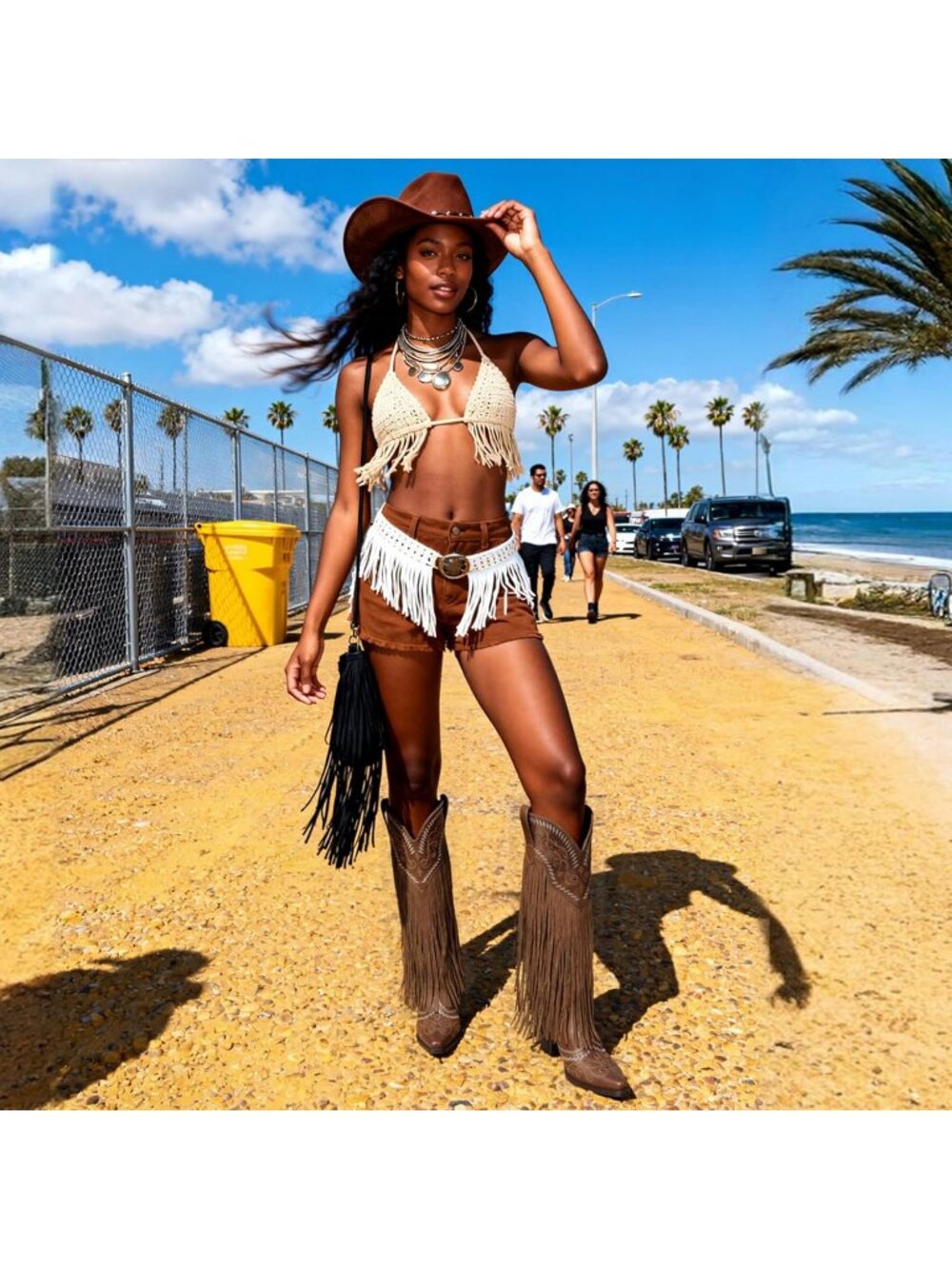 Women's Fringe Knee High Boots Embroidered Cowgirl Brown Pointed Toe Chunky Heel - Picture 6 of 6